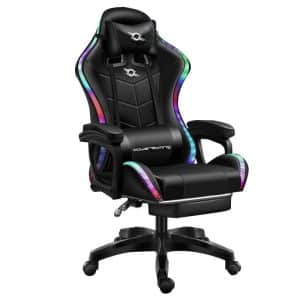 POWERGAMING SILLA GAMING LED RGB CON REPOSAPIES NEGRO INCLUYE COJINES CERVICAL Y LUMBAR