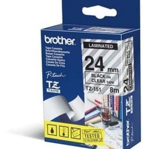 BROTHER CINTA LAMINADA TZE151 24MM TEXTO NEGRO SOBRE FONDO TRANSPARENTE. ANCHO: 24 MM. LONGITUD: 8 M