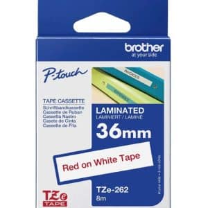 BROTHER CINTA LAMINADA TZE262 36MM TEXTO ROJO SOBRE FONDO BLANCO. ANCHO: 36 MM. LONGITUD: 8 M