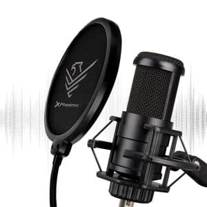 micrófono profesional de color negro con filtro antipop