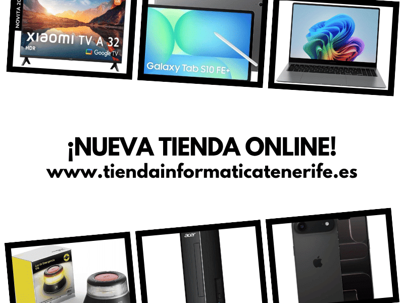 Imagen con varios artículos de informática y electrónica y el texto ¡NUEVA TIENDA ONLINE! junto a la URL de la página de internet