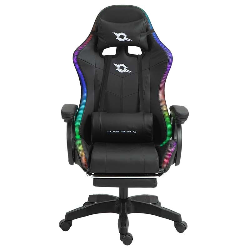 POWERGAMING SILLA GAMING CON LED RGB ALTAVOZ MASAJE REPOSAPIES NEGRO INCLUYE COJINES CERVICAL Y LUMBAR